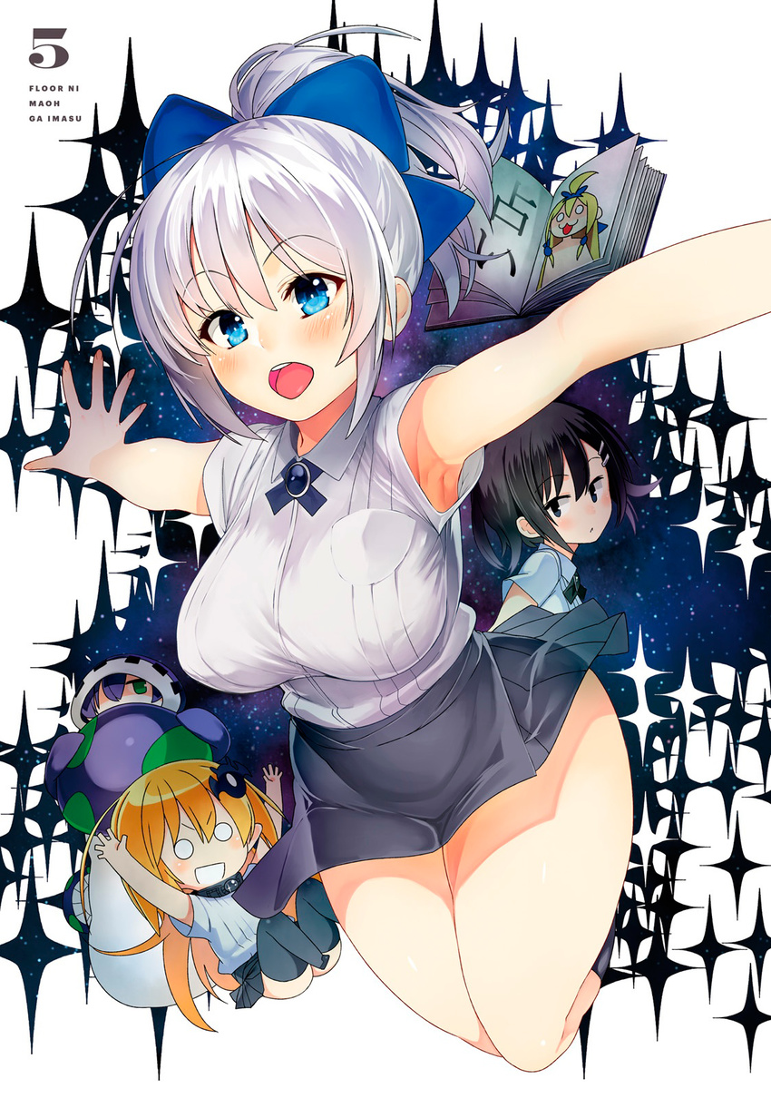 4girls amon_patricia armpit_peek armpits arms_up black_hair black_legwear black_skirt blonde_hair blue_bow blue_eyes blush bow breasts copyright_name floor_ni_maou_ga_imasu green_hair hair_ornament hairbow high_ponytail highres hood igarashi_mutsu kawakami_masaki large_breasts long_hair multiple_girls nonko_(floor_ni_maou_ga_imasu) open_mouth outstretched_arms pleated_skirt purple_hair shirt short_hair short_sleeves silver_hair skirt sleeveless sleeveless_shirt thighhighs white_background white_shirt