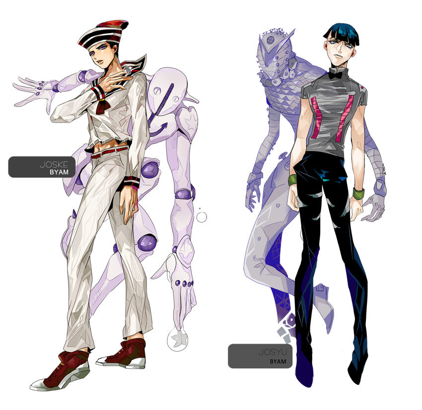 4boys artist_name black_hair byam commentary_request dixie_cup_hat full_body hat higashikata_joshu higashikata_josuke_(jojolion) highres jojo_no_kimyou_na_bouken jojolion military_hat multiple_boys nut_king_call sailor soft_&_wet stand_(jojo) transparent_background