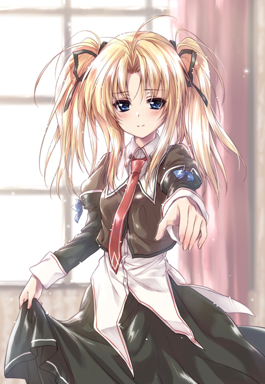 backlighting black_skirt blonde_hair blouse blue_eyes blurry blurry_background blush closed_mouth collared_shirt commentary_request commission day depth_of_field female highres indoors juliet_sleeves kanojo_tachi_no_ryuugi kuroi_mimei light_particles light_smile long_skirt long_sleeves looking_at_viewer medium_hair messy_hair necktie parted_bangs puffy_sleeves reaching reaching_towards_viewer red_necktie shirogane_tobari shirt skeb_commission skirt solo standing twintails window