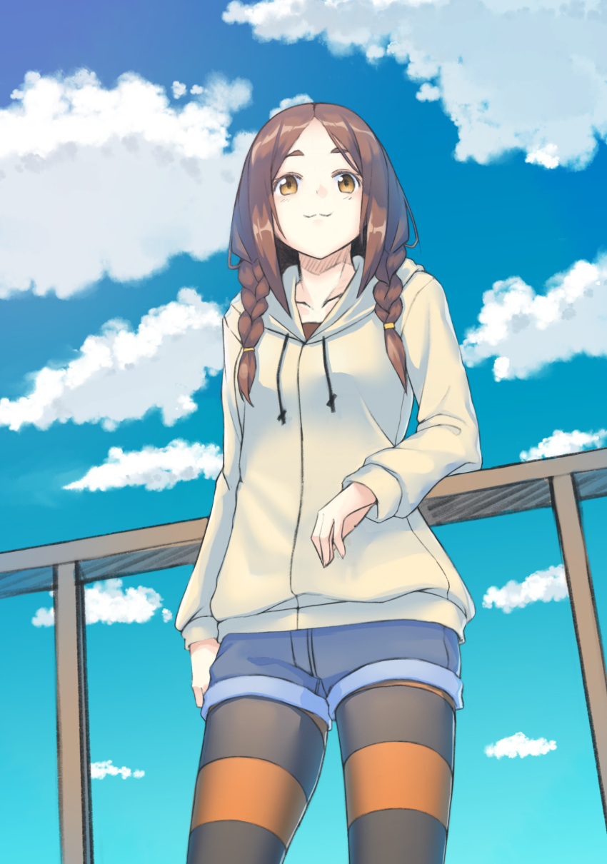 braid brown_eyes brown_hair day denim denim_shorts female flying_witch highres hood hood_down hoodie ishiwatari_nao outdoors pantyhose railing sansu short_shorts shorts smile solo standing striped_clothes striped_pantyhose