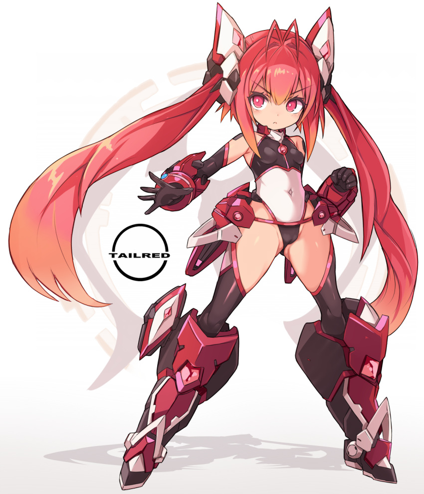 antenna_hair ass_visible_through_thighs breasts cameltoe commentary_request covered_navel female full_body gradient_background grey_background groin headgear highres karukan_(monjya) long_hair looking_at_viewer mecha_musume mitsuka_souji ore_twintail_ni_narimasu red_eyes red_hair small_breasts solo tailred twintails very_long_hair white_background