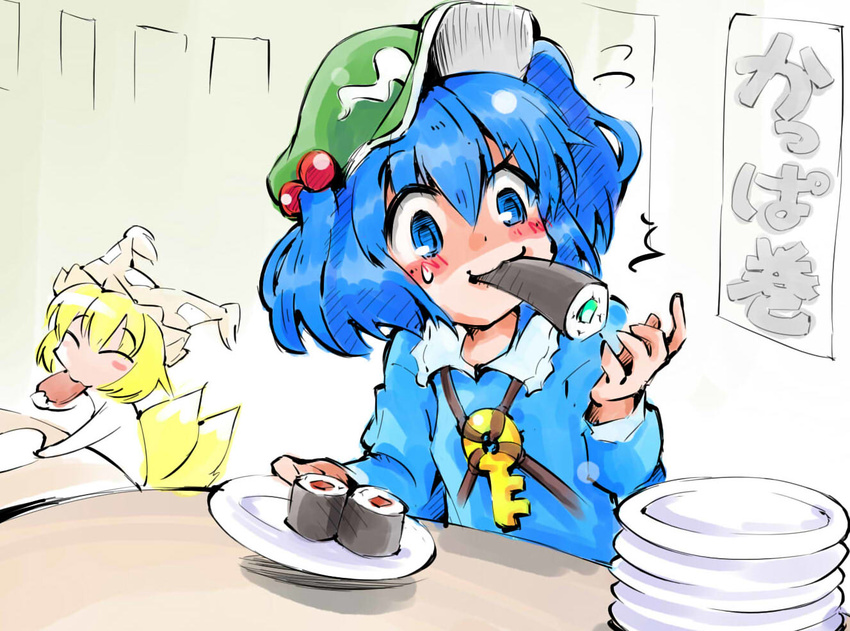 2girls ^_^ aburaage blonde_hair blue_eyes blue_hair blush_stickers closed_eyes commentary_request eating food hat inarizushi kappamaki kawashiro_nitori makizushi multiple_girls plate shinapuu short_hair sushi tofu touhou two_side_up yakumo_ran