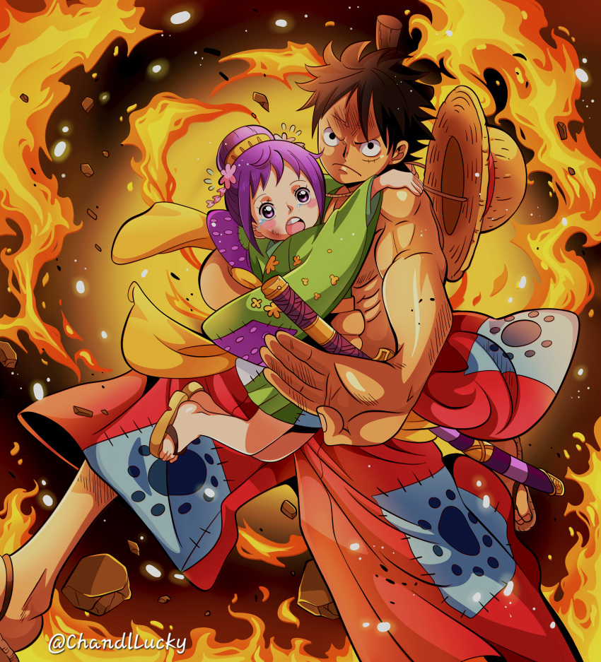 1boy abs absurdres black_hair carrying carrying_person chandllucky closed_mouth embers feet_out_of_frame female fighting_stance fire flying_sweatdrops green_kimono hair_ornament hat highres japanese_clothes katana kimono kurozumi_tama lolicon long_sleeves monkey_d._luffy official_alternate_costume official_alternate_hairstyle one_piece open_mouth purple_hair red_kimono sandals scar scar_on_cheek scar_on_face serious sheath sheathed straw_hat sword tears toned toned_male topless_male twitter_username unworn_hat unworn_headwear weapon wide_sleeves