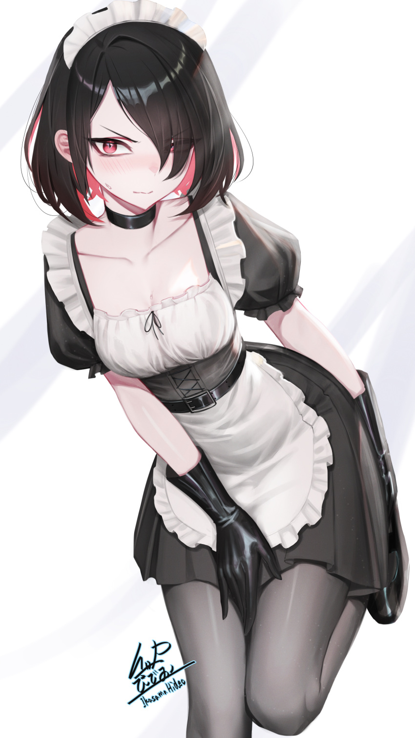 absurdres apron black_gloves black_hair black_pantyhose blush breasts colored_inner_hair commentary_request corset female giant_ojou-sama gloves hair_over_one_eye highres ikasamahideo juliet_sleeves long_sleeves looking_at_viewer madoka_(giant_ojou-sama) maid maid_apron maid_headdress medium_breasts multicolored_hair pantyhose partial_commentary puffy_sleeves red_eyes red_hair short_hair signature slit_pupils two-tone_hair