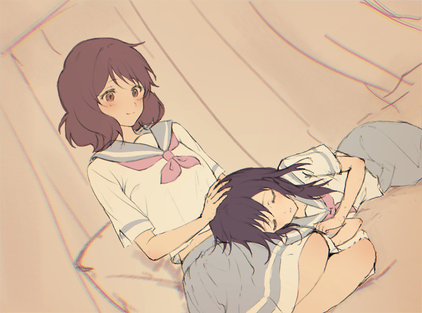 2girls black_hair blue_sailor_collar blue_skirt blush brown_eyes brown_hair closed_eyes closed_mouth hibike!_euphonium highres kitauji_high_school_uniform kousaka_reina lap_pillow lie_lack1080 long_hair looking_at_another lying lying_on_lap multiple_girls neckerchief on_side oumae_kumiko parted_lips pink_neckerchief pleated_skirt sailor_collar school_uniform serafuku shirt short_hair short_sleeves sitting skirt sleeping smile white_shirt