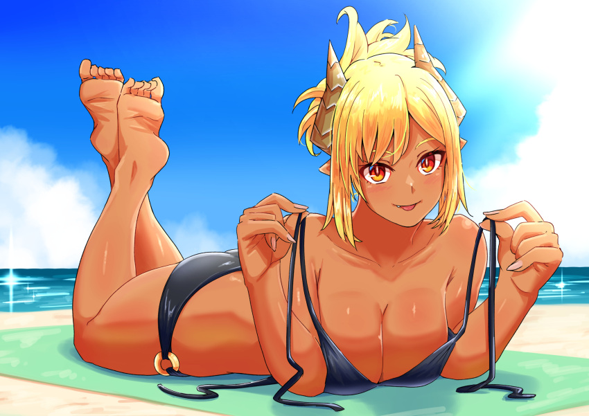 barefoot beach bikini black_bikini blonde_hair blue_sky breasts cleavage cloud cloudy_sky collarbone commentary_request dark_skin day demon_girl demon_horns feet fingernails green_towel gyaru highres horns large_breasts lens_flare long_bangs long_fingernails lying messy_hair neko_040 ocean oerba_yun_fang on_stomach orange_eyes original pointy_ears sand shiny_skin sky soles swimsuit tan the_pose tongue tongue_out two-tone_eyes undressing untying yellow_eyes