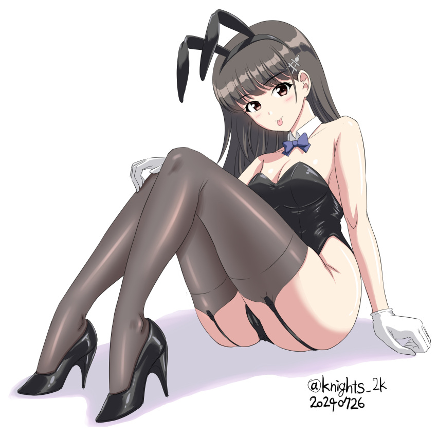 :p animal_ears bare_shoulders black_hair black_leotard black_thighhighs blush bow bowtie breasts brown_eyes cleavage covered_navel dated fake_animal_ears female garter_straps gloves hair_ornament hayashio_(kancolle) high_heels highres kantai_collection kishi_nisen leotard long_hair looking_at_viewer mole mole_under_eye playboy_bunny rabbit_ears shadow sitting small_breasts smile solo strapless strapless_leotard thighhighs tongue tongue_out traditional_bowtie twitter_username white_background white_gloves wrist_cuffs