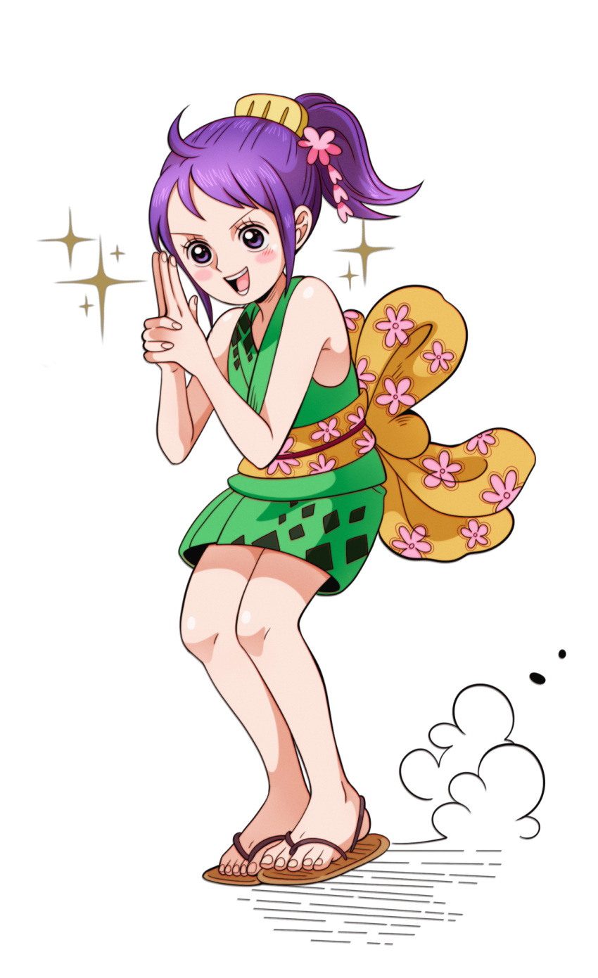 bare_arms bare_legs bare_shoulders blush blush_stickers chandllucky english_commentary female full_body green_kimono hair_ornament high_ponytail highres japanese_clothes kimono kuji-in kurozumi_tama lolicon long_hair obi one_piece open_mouth own_hands_together purple_eyes purple_hair sandals sash short_kimono simple_background solo sparkle toes white_background