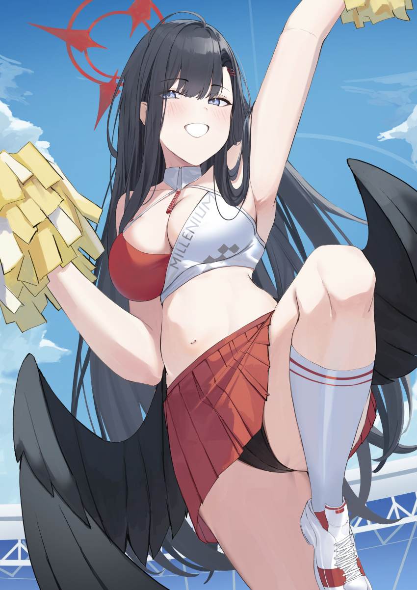 absurdres bare_shoulders black_hair black_wings blue_archive blue_eyes blush breasts cheerleader cleavage feathered_wings female grin hair_ornament hairclip halo highres ichika_(blue_archive) large_breasts long_hair ref_(pmxt4483) smile solo wings