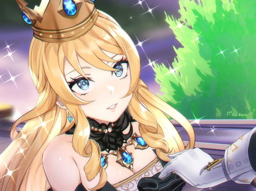 2girls aoiabyss bare_shoulders black_gloves blonde_hair blue_eyes breasts cleavage clorinde_(genshin_impact) crown earrings english_commentary genshin_impact gloves highres jewelry long_hair multiple_girls navia_(genshin_impact) necklace sparkle upper_body very_long_hair white_gloves