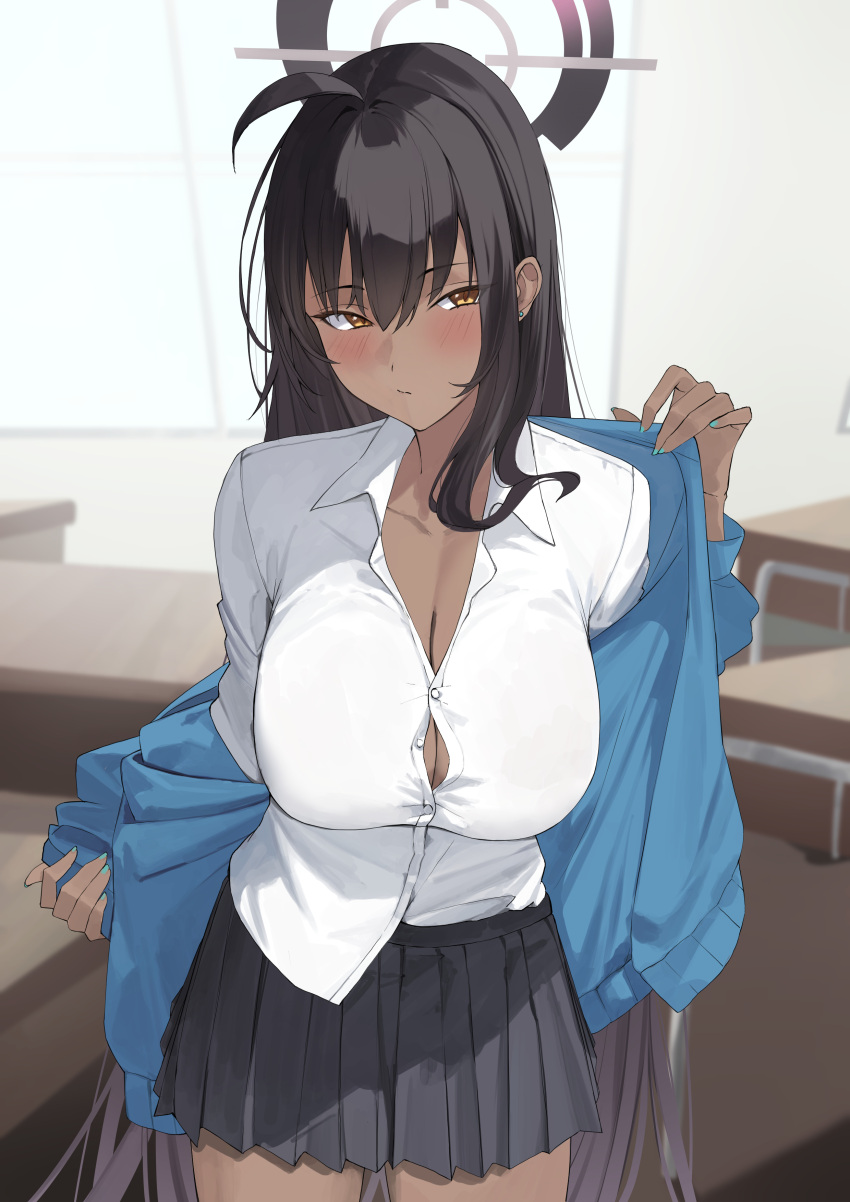 absurdres black_hair black_skirt blue_archive blue_sweater blush breasts collared_shirt dark-skinned_female dark_skin dress_shirt female halo highres karin_(blue_archive) large_breasts long_hair long_sleeves pleated_skirt ref_(pmxt4483) shirt skirt solo sweater very_long_hair white_shirt yellow_eyes