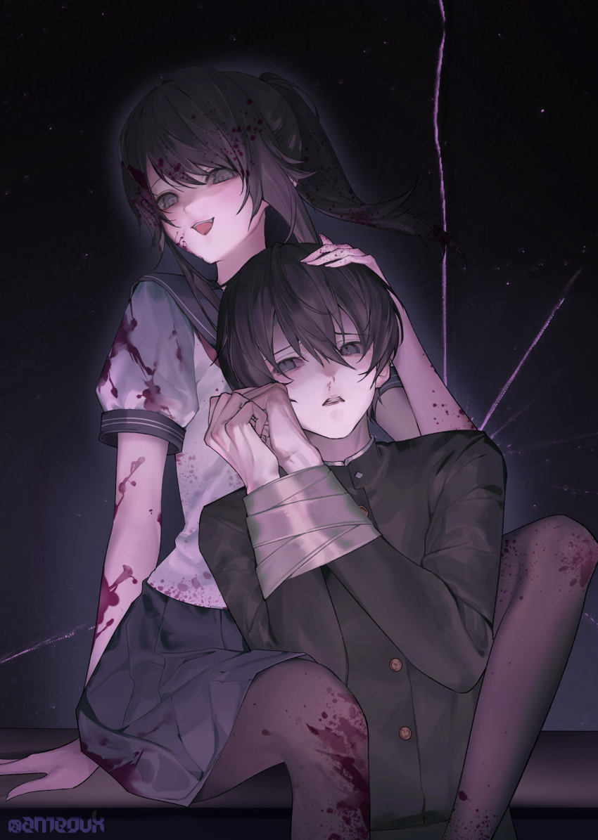 1boy ame_(amelovelio) ayano_aishi black_eyes black_footwear black_hair blood blood_in_hair blood_on_arm blood_on_clothes bound bound_wrists buttons commentary english_commentary feet_out_of_frame female hair_between_eyes hand_on_another's_head happy highres long_hair open_mouth pale_skin pleated_skirt ponytail scared school_uniform serafuku short_hair sitting skirt taro_yamada_(yandere_simulator) thighhighs yandere yandere_simulator