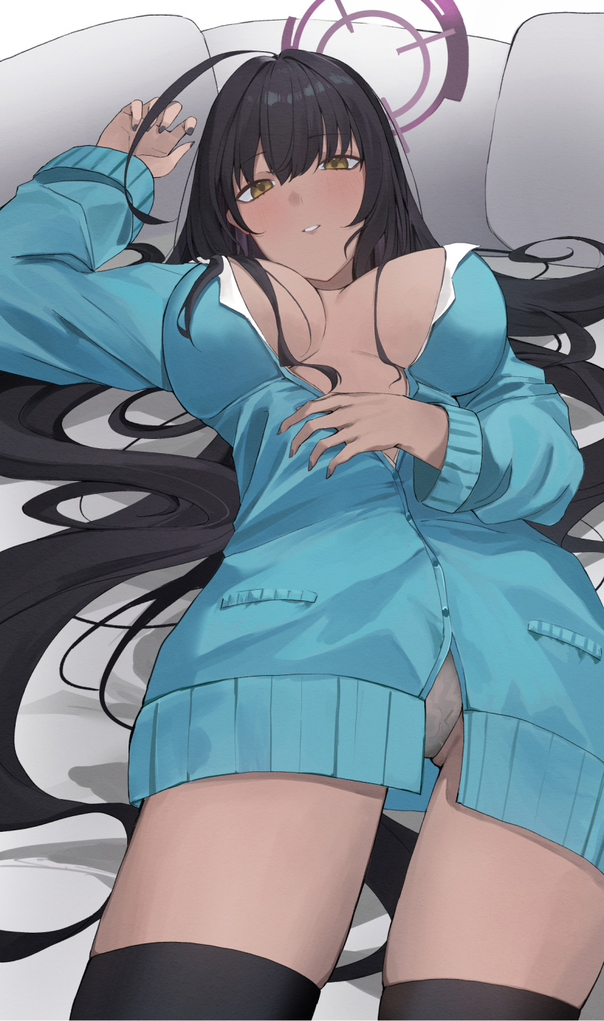 ahoge black_nails black_thighhighs blue_archive blue_cardigan blush breasts breasts_apart cardigan dark-skinned_female dark_skin female hair_between_eyes halo hand_on_own_stomach hand_up highres karin_(blue_archive) large_breasts long_hair looking_at_viewer lying nail_polish on_back panties parted_lips purple_halo ref_(pmxt4483) shirt solo thighhighs thighs underwear very_long_hair white_panties white_shirt