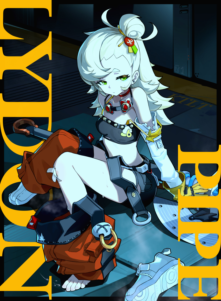 absurdres blonde_hair breasts character_name choker closed_mouth crop_top detached_pants detached_sleeves ear_piercing female gloves goggles goggles_on_head green_eyes hair_bun hair_ornament highres kongtoulaotou long_hair looking_at_viewer midriff piercing piper_wheel red_choker shoes single_shoe sitting small_breasts solo strap_slip torn_clothes weapon white_footwear yellow_gloves zenless_zone_zero