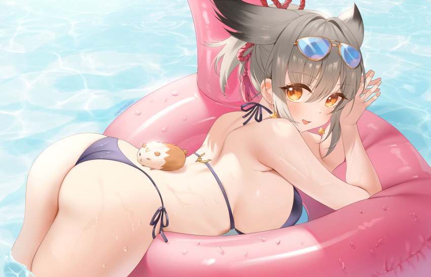 absurdres animal_ears ass azur_lane bikini blush breasts earrings extra_ears eyewear_on_head female grey_hair highres jewelry large_breasts looking_at_viewer orange_eyes side-tie_bikini_bottom sideboob solo sunglasses suzutsuki_(azur_lane) swimsuit wet zzo_(chorizzzzo)