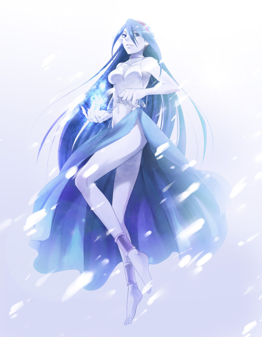 ankle_cuffs bad_id bad_pixiv_id barefoot blue_dress blue_eyes blue_hair blue_theme celestial_s celsius_(tales) dress female floating full_body hairband hands highres ice legs long_hair navel pale_skin pointy_ears sleeveless snow solo tales_of_(series) tales_of_eternia white_background