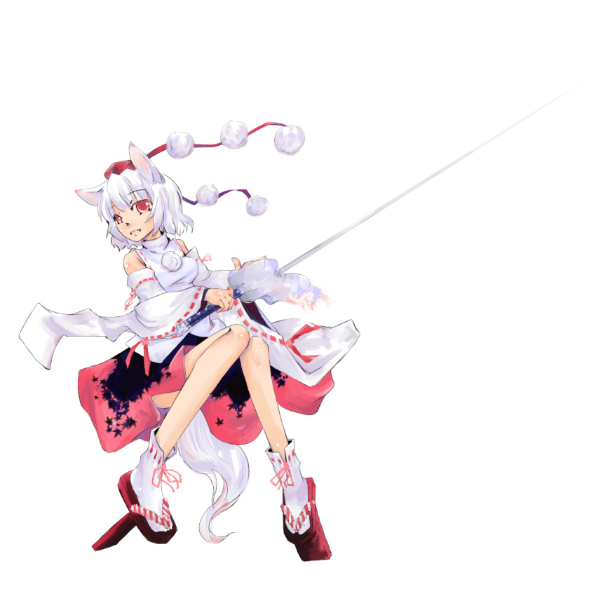 animal_ears commentary_request detached_sleeves female full_body geta hat highres inubashiri_momiji nazo red_eyes short_hair socks solo sword tail tengu-geta tokin_hat touhou transparent_background weapon white_hair wolf_ears wolf_tail