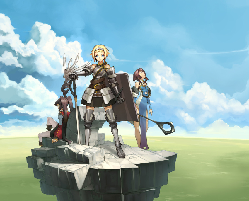 3girls armor bad_id bad_pixiv_id blight_essence blonde_hair brown_hair fantasy gauntlets greaves long_hair multiple_girls original photoshop_(medium) shield short_hair sitting staff sword twintails weapon