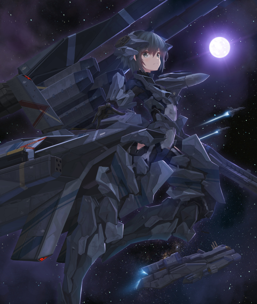 androgynous armor black_hair commentary_request commission cosplay delta_saber delta_saber_(cosplay) female genderswap_(mtf) grey_eyes headgear highres katana_faraway looking_at_viewer mecha_musume missile_pod moon personification pixiv_commission project_sylpheed rule_63 short_hair silpheed_(series) sky solo space spacecraft star_(sky) starry_sky tom-neko_(zamudo_akiyuki)