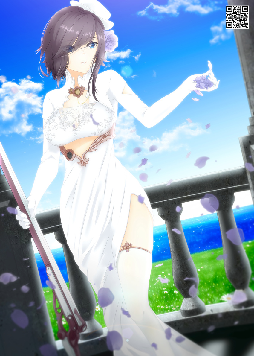 ark_royal_(azur_lane) ark_royal_(pure-white_protector)_(azur_lane) azur_lane balcony black_hair blue_eyes blue_sky breasts bridal_veil cloud commission cowboy_shot day dress dutch_angle english_commentary eyes_visible_through_hair falling_petals female flower framed_breasts from_side gloves grass gun hair_between_eyes hair_flower hair_ornament hair_over_one_eye hat highres holding holding_gun holding_weapon indoors large_breasts long_dress looking_to_the_side lukmanscootkenn mini_hat ocean official_alternate_costume parted_lips petals pillar purple_flower purple_rose qr_code railing rifle rose short_hair side_slit sidelocks skindentation sky smile solo standing thighhighs tilted_headwear veil weapon white_dress white_gloves