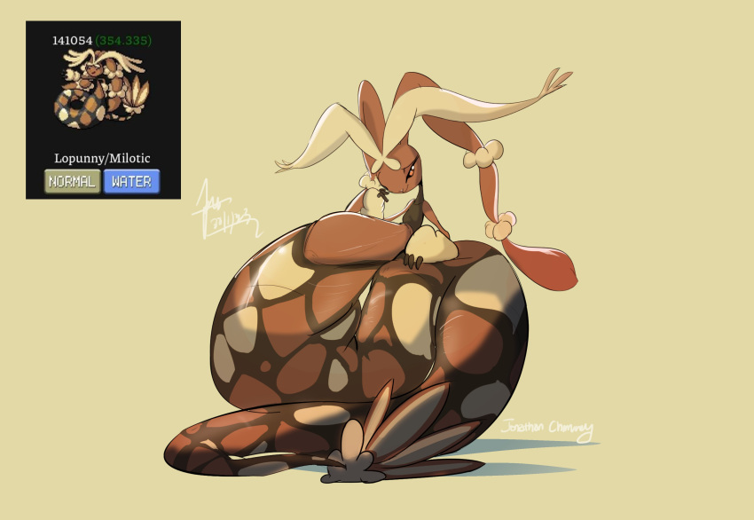 absurd_res ambiguous_gender anthro apode brown_body brown_fur draconcopode fur fusion generation_3_pokemon generation_6_pokemon hi_res hybrid lagomorph legless looking_at_viewer mammal mega_evolution mega_lopunny milotic nintendo pokemon pokemon_(species) pokemon_fusion serpentine smile solo windspan