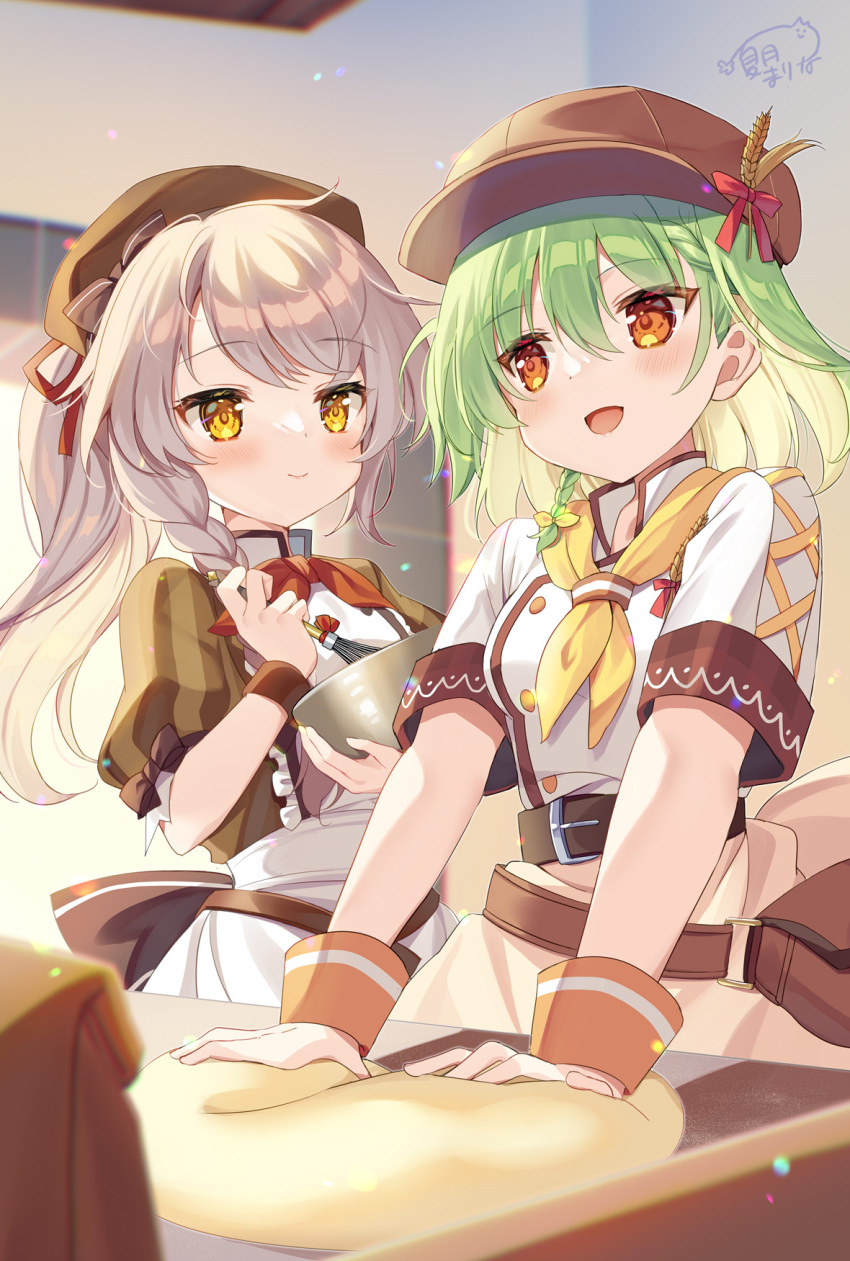 2girls :d apron baking beret bowl breasts brown_eyes brown_headwear brown_shirt cabbie_hat center_frills closed_mouth commentary_request flower_knight_girl frills green_hair grey_hair hair_between_eyes hat highres holding holding_bowl indoors komugi_(flower_knight_girl) mixing_bowl multiple_girls natsuki_marina raimugi_(flower_knight_girl) shirt short_sleeves signature small_breasts smile striped_clothes striped_shirt vertical-striped_clothes vertical-striped_shirt waist_apron whisk white_apron white_shirt wrist_cuffs