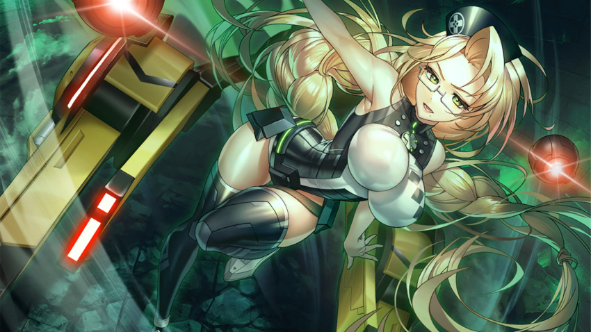 action_taimanin armpits bare_shoulders blonde_hair bouncing_breasts braid braided_ponytail breasts broken_ground drone emily_simmons female fighting game_cg glasses green_eyes hat highres impossible_clothes large_breasts leotard long_hair mole mole_under_mouth non-web_source open_mouth red_lightning taimanin_(series) thighhighs very_long_hair