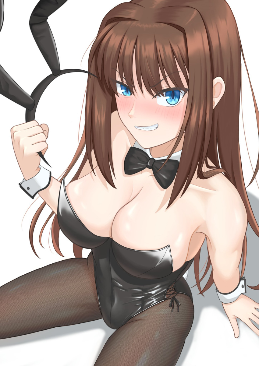 animal_ear_hairband animal_ears aozaki_aoko bare_shoulders black_bow black_bowtie black_hairband black_leotard blue_eyes blush bow bowtie breasts brown_hair bunny_day cleavage collarbone commentary_request detached_collar fake_animal_ears female fishnet_pantyhose fishnets from_above hair_intakes hairband highres large_breasts leotard long_hair mahou_tsukai_no_yoru pantyhose playboy_bunny rabbit_ears sitting smile solo strapless strapless_leotard teeth v-shaped_eyebrows yowatari_party