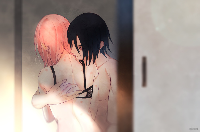 1boy black_bra black_hair blurry blurry_foreground boruto:_naruto_next_generations bra closed_mouth female highres indoors naruto_(series) niku_(ni23ku) pink_hair rinnegan sakura_haruno short_hair shoulder_blades straight topless uchiha_sasuke underwear upper_body