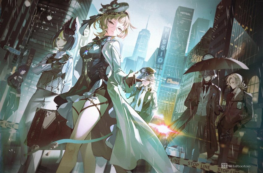 3boys 3girls alhaitham_(genshin_impact) animal_ears black_bow black_gloves black_hair black_ribbon blonde_hair bow breasts cape emilie_(genshin_impact) fox_ears genshin_impact glasses gloves green_hair haltootoo hat highres kaveh_(genshin_impact) long_hair medium_breasts medium_hair multiple_boys multiple_girls police police_uniform rain ribbon short_hair shorts tighnari_(genshin_impact) umbrella uniform water_drop yelan_(genshin_impact)