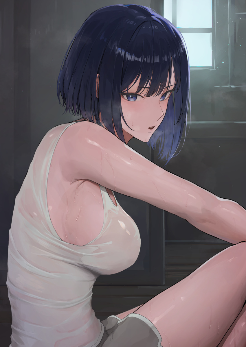 absurdres ano_(gccx8784) black_hair blue_eyes breasts female from_side highres indoors large_breasts looking_at_viewer open_mouth original see-through short_hair short_shorts shorts sideboob sitting solo sweat sweaty_clothes tank_top wet wet_clothes white_tank_top