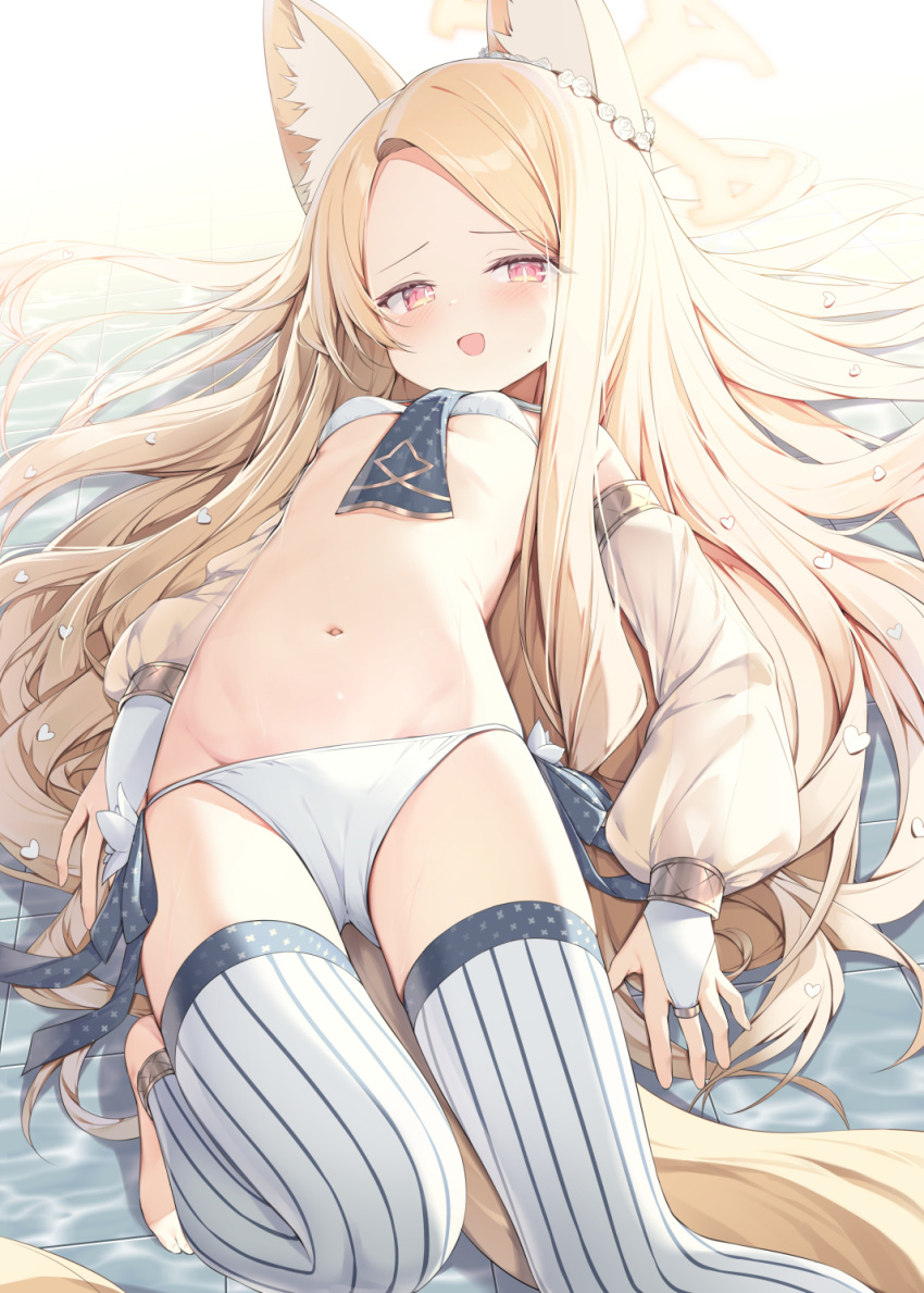 animal_ear_fluff animal_ears ass_visible_through_thighs blonde_hair blue_archive bra breasts detached_sleeves female flower fox_ears hair_flower hair_ornament halo highres long_hair lying navel on_back panties red_eyes seia_(blue_archive) small_breasts smile solo striped_clothes striped_thighhighs thighhighs topia underwear vertical-striped_clothes vertical-striped_thighhighs very_long_hair water white_bra white_flower white_thighhighs yellow_halo