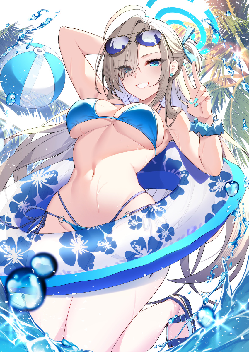 absurdres alternate_costume aosaki_yukina asuna_(blue_archive) ball bare_shoulders beachball bikini blue_archive blue_bikini blue_eyes blue_ribbon blush breasts cleavage commentary_request female grin hair_over_one_eye hair_ribbon halo highres innertube large_breasts light_brown_hair long_hair looking_at_viewer navel ribbon sideboob smile solo stomach sunglasses swim_ring swimsuit thighs underboob very_long_hair