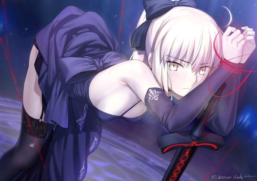 absurdres ahoge armpits artoria_pendragon_(fate) back_ribbon bent_over besmiled black_dress blush bound detached_sleeves dress excalibur_morgan_(fate) fate/grand_order fate/stay_night fate/unlimited_blade_works fate_(series) female garter_belt garter_straps hair_ribbon highres ponytail ribbon saber_alter scene_reference thighhighs tied_up_(nonsexual) white_hair