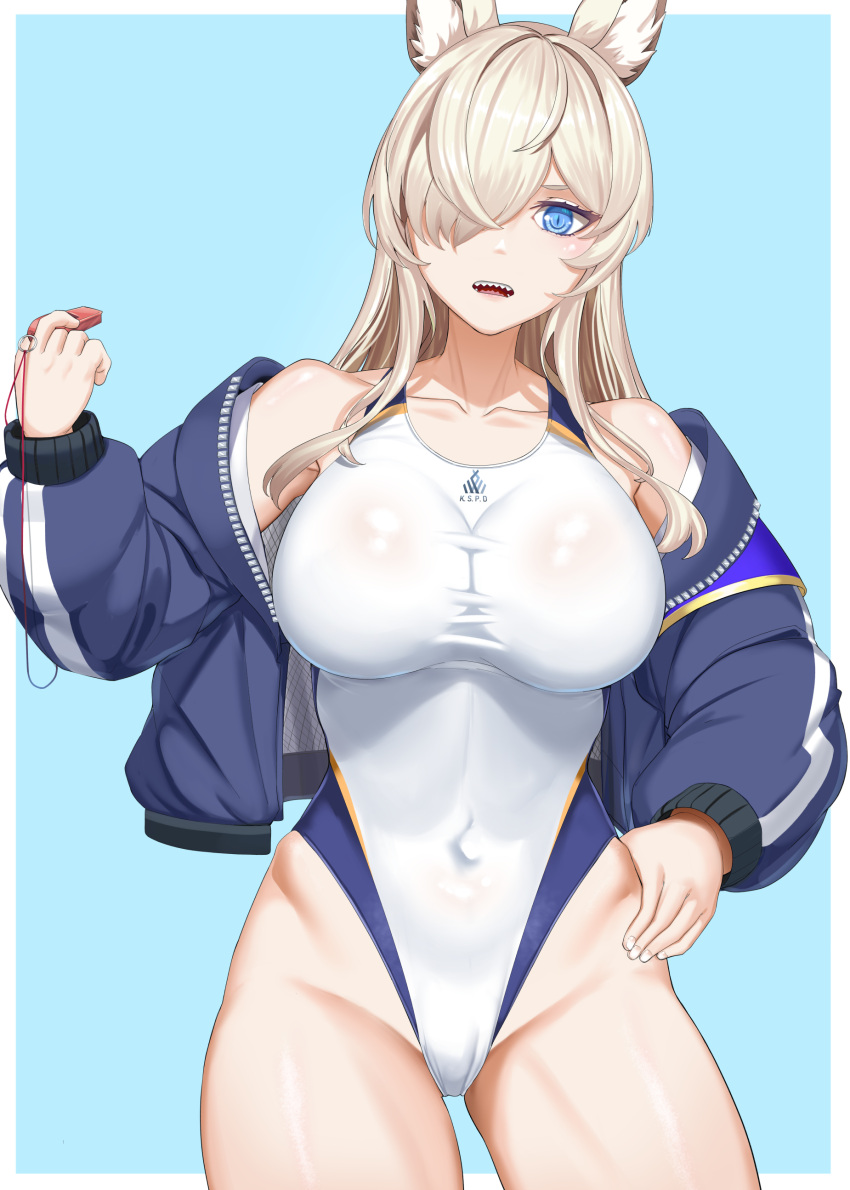 absurdres animal_ear_fluff animal_ears blonde_hair blue_archive blue_eyes blue_halo blue_jacket breasts chiyo_goya competition_swimsuit covered_navel cowboy_shot dog_ears extra_ears female hair_over_one_eye halo highleg highleg_one-piece_swimsuit highres holding holding_whistle jacket kanna_(blue_archive) kanna_(swimsuit)_(blue_archive) large_breasts long_hair notched_ear official_alternate_costume one-piece_swimsuit ponytail red_whistle sharp_teeth solo standing swimsuit teeth whistle white_one-piece_swimsuit