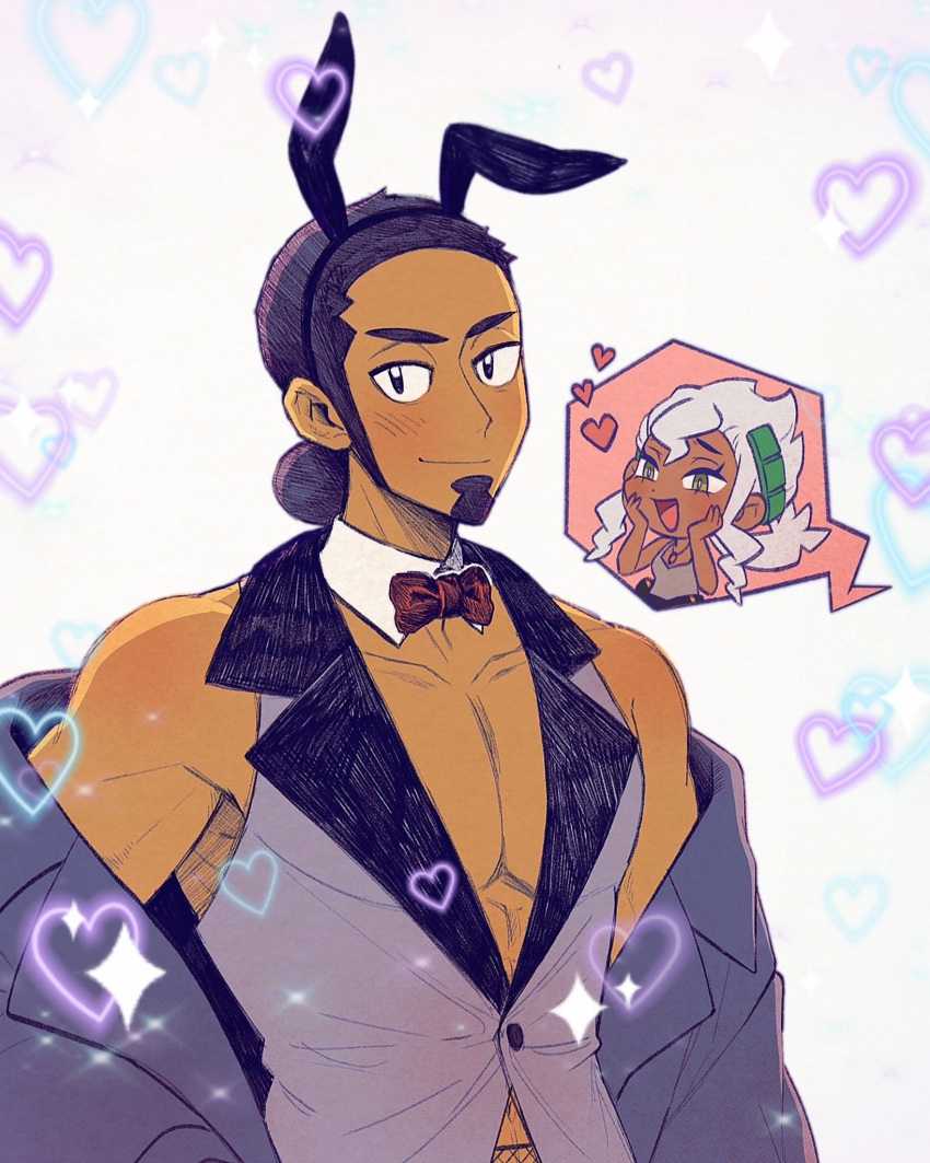 1boy alternate_costume animal_ears black_eyes black_hairband blush bow bowtie burnet_(pokemon) closed_mouth collarbone commentary detached_collar facial_hair female goatee grey_vest hair_bun hairband heart highres jacket kukui_(pokemon) looking_at_viewer off_shoulder pectorals pokemon pokemon_sm rabbit_ears smile sparkle spoken_character submashell vest white_background