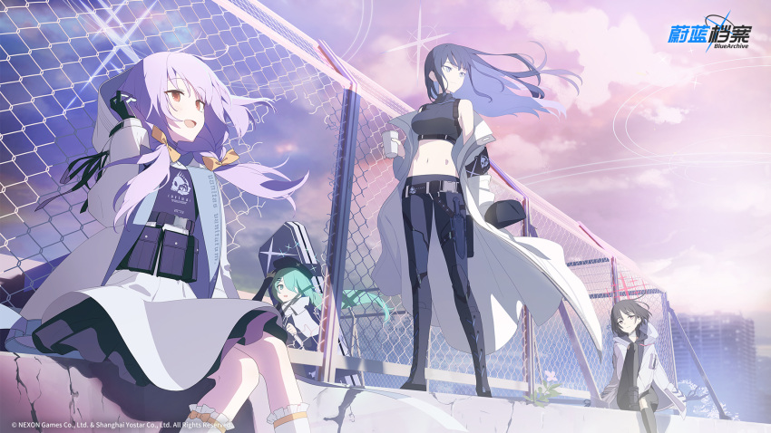 4girls akinashi_yuu arius_squad_(blue_archive) atsuko_(blue_archive) bare_shoulders black_gloves black_hair black_hat blue_archive blue_hair bow closed_mouth coat cup dark_blue_hair earrings floating_hair gloves green_eyes green_hair hair_over_one_eye hairbow hat highres hiyori_(blue_archive) holding holding_cup holding_hat holding_unworn_clothes jewelry long_hair long_sleeves looking_ahead misaki_(blue_archive) multiple_girls navel official_art open_clothes open_coat open_mouth outdoors pants purple_hair red_eyes short_hair sitting skirt smile socks standing stomach stud_earrings white_skirt white_socks yellow_bow