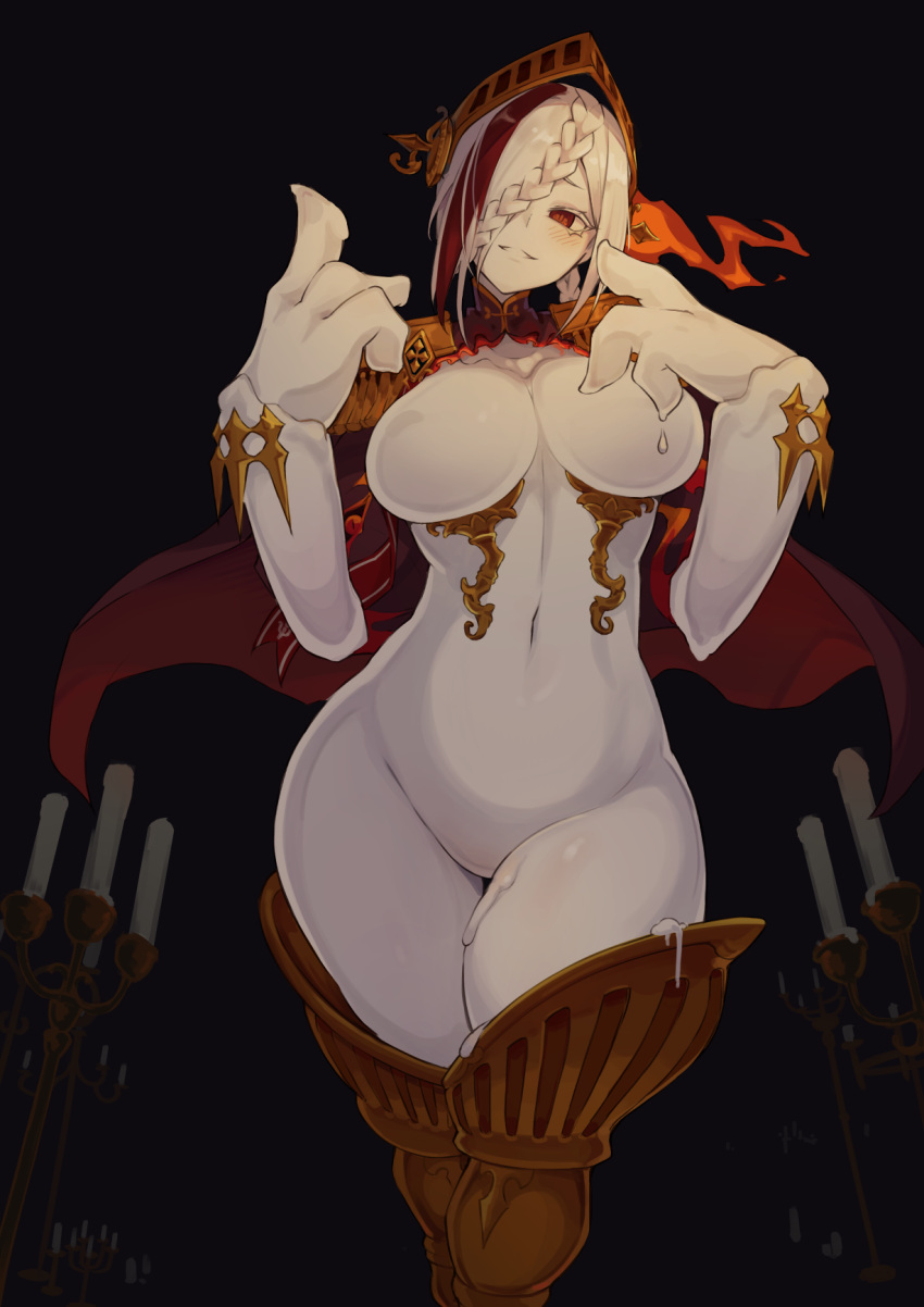 beckoning bell_orgel black_background braid braided_bangs breasts brown_eyes candle candlegeist_(monster_girl_encyclopedia) candlestand cape colored_skin commentary cowboy_shot epaulettes female hair_over_one_eye hands_up highres large_breasts looking_at_viewer monster_girl monster_girl_encyclopedia multicolored_hair navel oversized_forearms oversized_limbs parted_lips red_cape red_hair simple_background smile solo two-tone_hair visor_(armor) wax white_hair white_skin