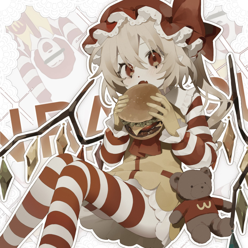 1boy ascot blonde_hair bow burger cosplay crystal_wings eating female flandre_scarlet food frilled_shirt frilled_sleeves frills gloves hair_between_eyes hat hat_bow highres holding holding_burger holding_food long_sleeves looking_at_viewer mcdonald's mob_cap oerba_yun_fang open_mouth rcs_4 red_ascot red_bow red_eyes red_hat ronald_mcdonald ronald_mcdonald_(cosplay) shirt short_hair sitting striped_clothes striped_thighhighs stuffed_animal stuffed_toy teddy_bear thighhighs touhou yellow_gloves yellow_shirt zettai_ryouiki