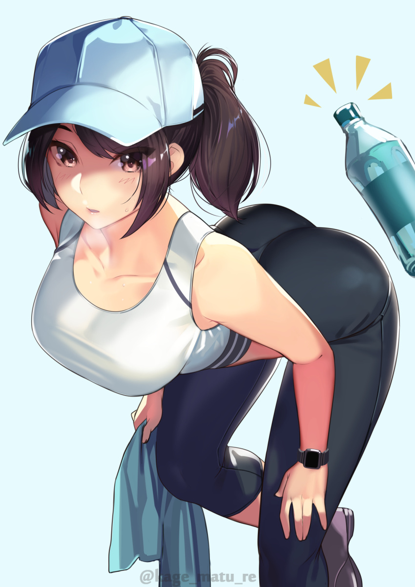 baseball_cap female hat highres kagematsuri leggings original ponytail sports_bra watch water white_sports_bra