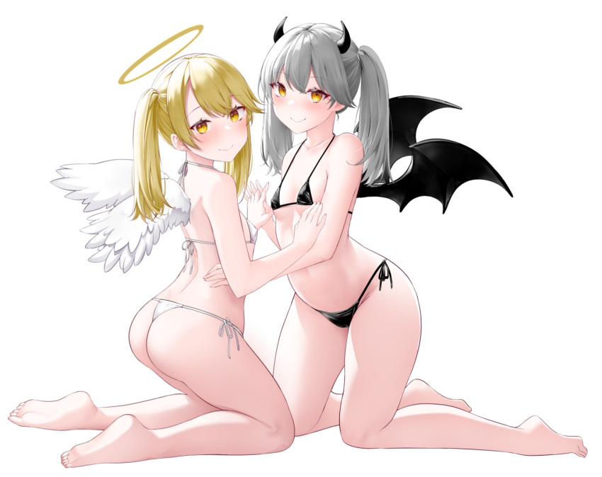 2girls angel angel_and_devil angel_wings ass bikini black_bikini blonde_hair breasts demon_girl demon_horns demon_wings feathered_wings grey_hair highres horns kirigakure_(kirigakure_tantei_jimusho) long_hair multiple_girls navel original side-tie_bikini_bottom small_breasts smile string_bikini swimsuit traditional_halo twintails white_bikini white_wings wings yellow_eyes