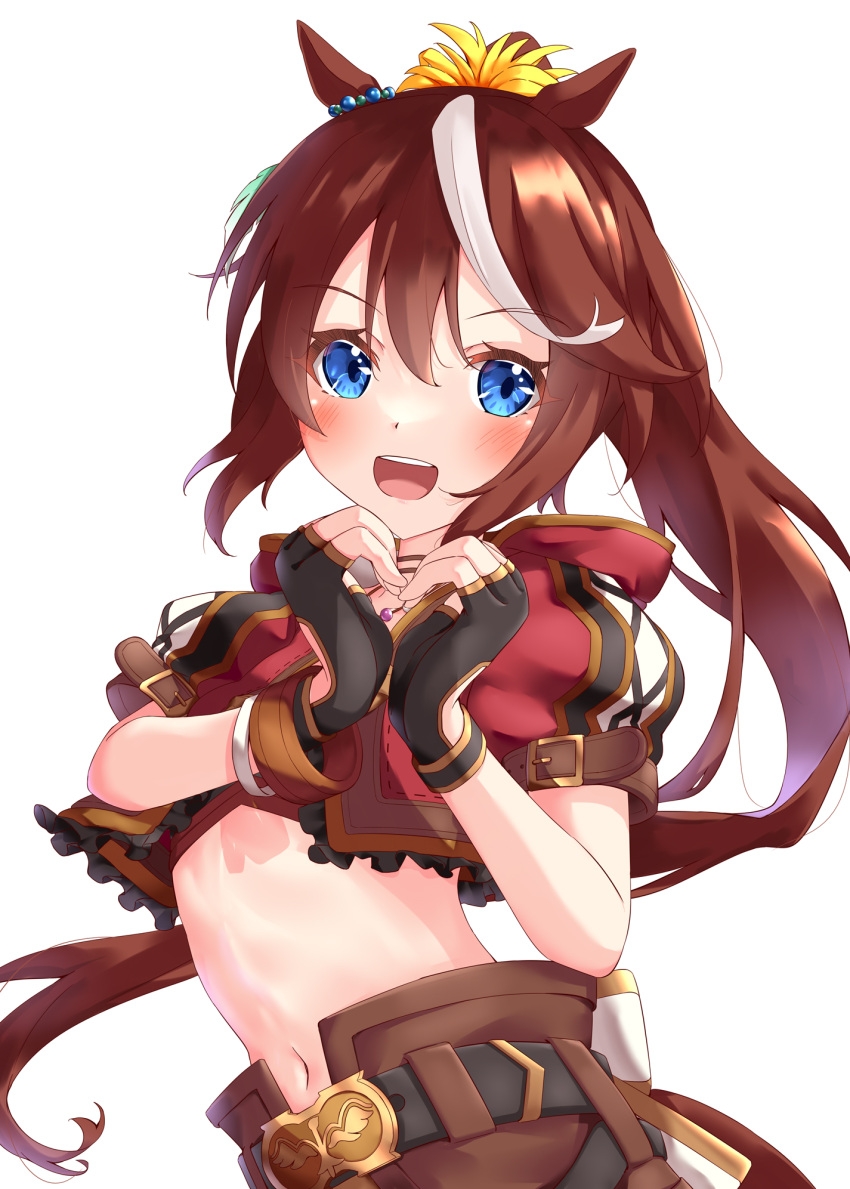 animal_ears bandeau blue_eyes brown_gloves brown_hair choker commentary_request cropped_jacket embers feathers female fingerless_gloves flat_chest futarino_ririsu gloves heart heart_hands highres hood hood_down hooded_jacket horse_ears horse_girl jacket jewelry long_hair looking_at_viewer midriff multicolored_hair necklace official_alternate_costume open_mouth ponytail puffy_short_sleeves puffy_sleeves short_sleeves simple_background smile solo streaked_hair teeth tokai_teio_(beyond_the_horizon)_(umamusume) tokai_teio_(umamusume) umamusume upper_body upper_teeth_only white_background wristband