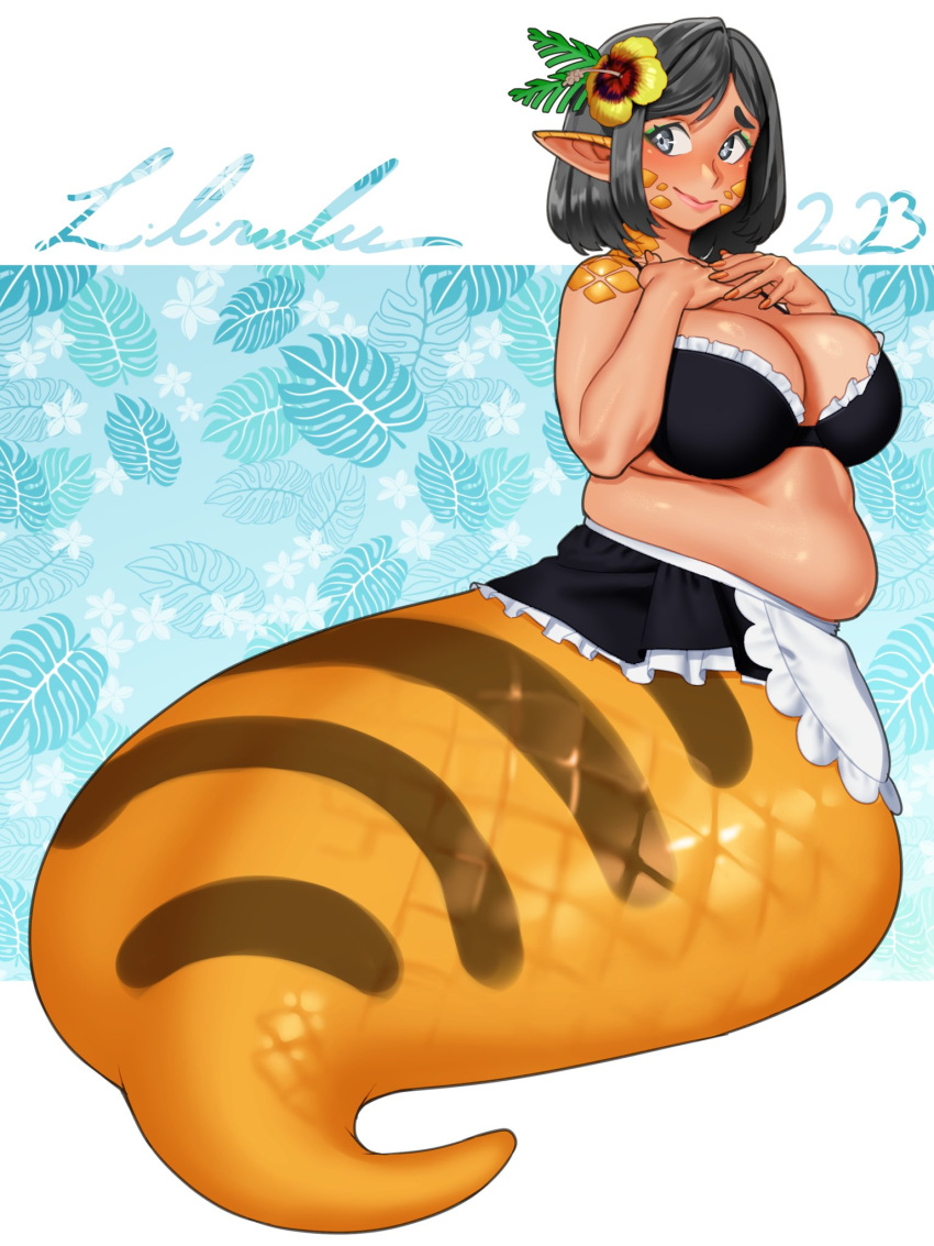 artist_name blue_background breasts cleavage closed_mouth dated female fingernails flower full_body hair_flower hair_ornament highres huge_breasts lamia lilirulu long_fingernails looking_at_viewer looking_to_the_side medium_hair monster_girl original plump pointy_ears scales solo tsuchinoko white_background