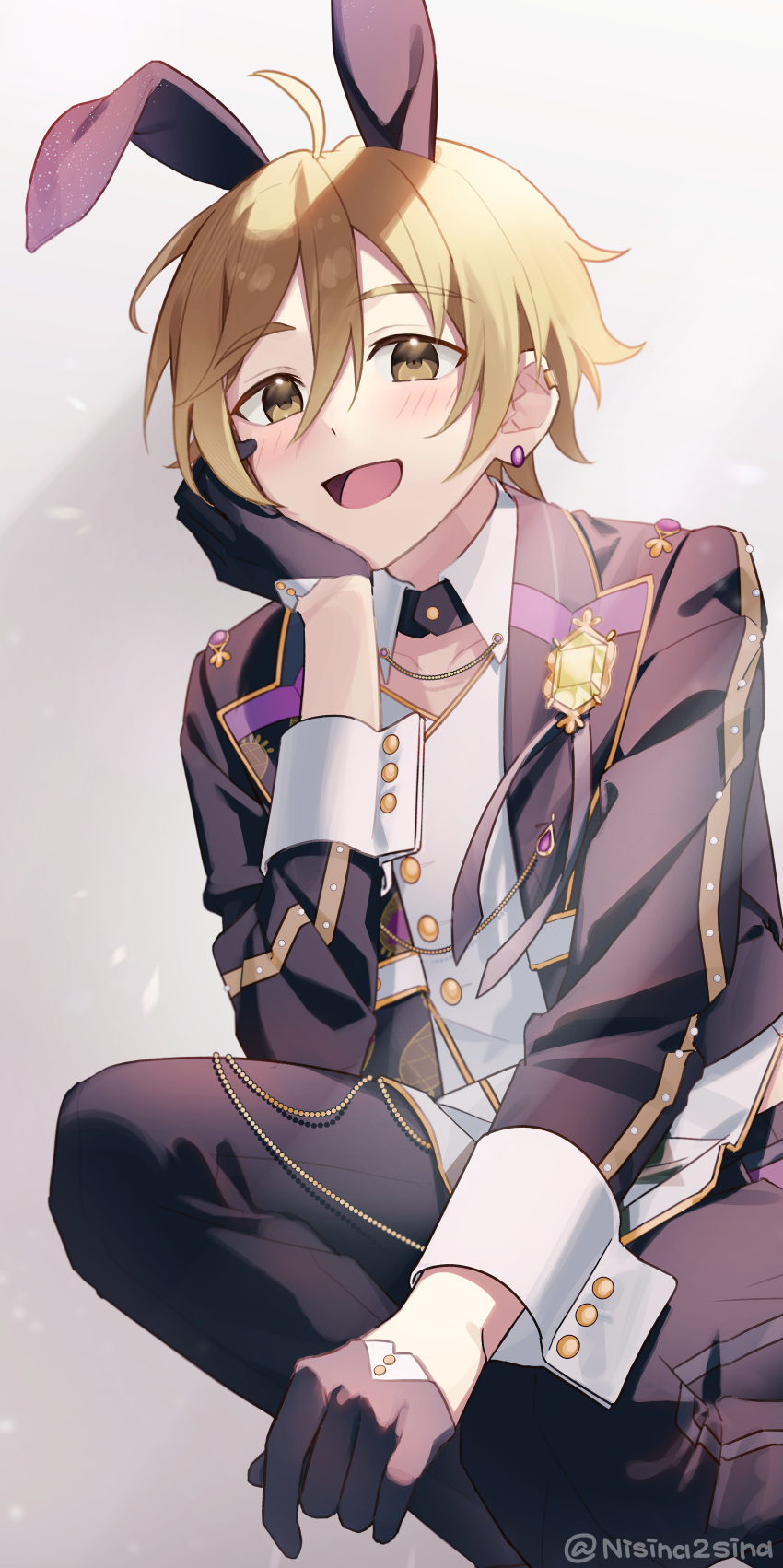 1boy :d absurdres ahoge animal_ears arm_on_own_leg artist_name bishounen black_gloves black_pants brown_eyes close-up collar_chain_(jewelry) detached_collar double-parted_bangs downturned_eyes dress_shirt ear_cuffs elbow_on_thigh ensemble_stars! fake_animal_ears feet_out_of_frame gloves hair_between_eyes half_gloves heidbd highres jacket light_blush light_brown_hair long_sleeves male_focus mashiro_tomoya open_clothes open_jacket pants rabbit_ears raised_eyebrows shadow shirt short_hair sleeve_cuffs smile solo split_mouth squatting tareme three_quarter_view untucked_shirt white_background white_shirt wing_collar