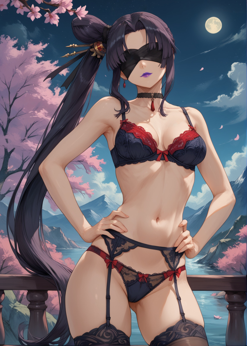 absurdres ai-generated bare_shoulders black_hair blindfold bra breasts cherry_blossoms choker closed_mouth collarbone earrings fate/grand_order fate_(series) female hair_ornament highres jewelry lingerie lips medium_breasts panties ponytail solo stomach taira_no_kagekiyo_(fate) thighhighs thighs underwear ushiwakamaru_(fate)