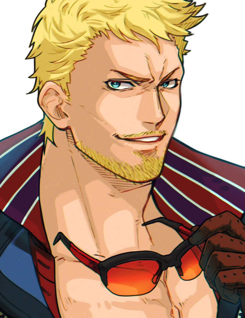 1boy absurdres beard billy_kane blonde_hair blue_eyes blue_jacket brown_gloves commentary dated_commentary facial_hair fatal_fury fatal_fury:_city_of_the_wolves gloves hand_up high_collar highres holding holding_removed_eyewear jacket ktovhinao looking_at_viewer male_focus moustache parted_lips pectorals red_shirt shirt short_hair simple_background smile solo striped_clothes striped_shirt sunglasses unworn_eyewear upper_body white_background