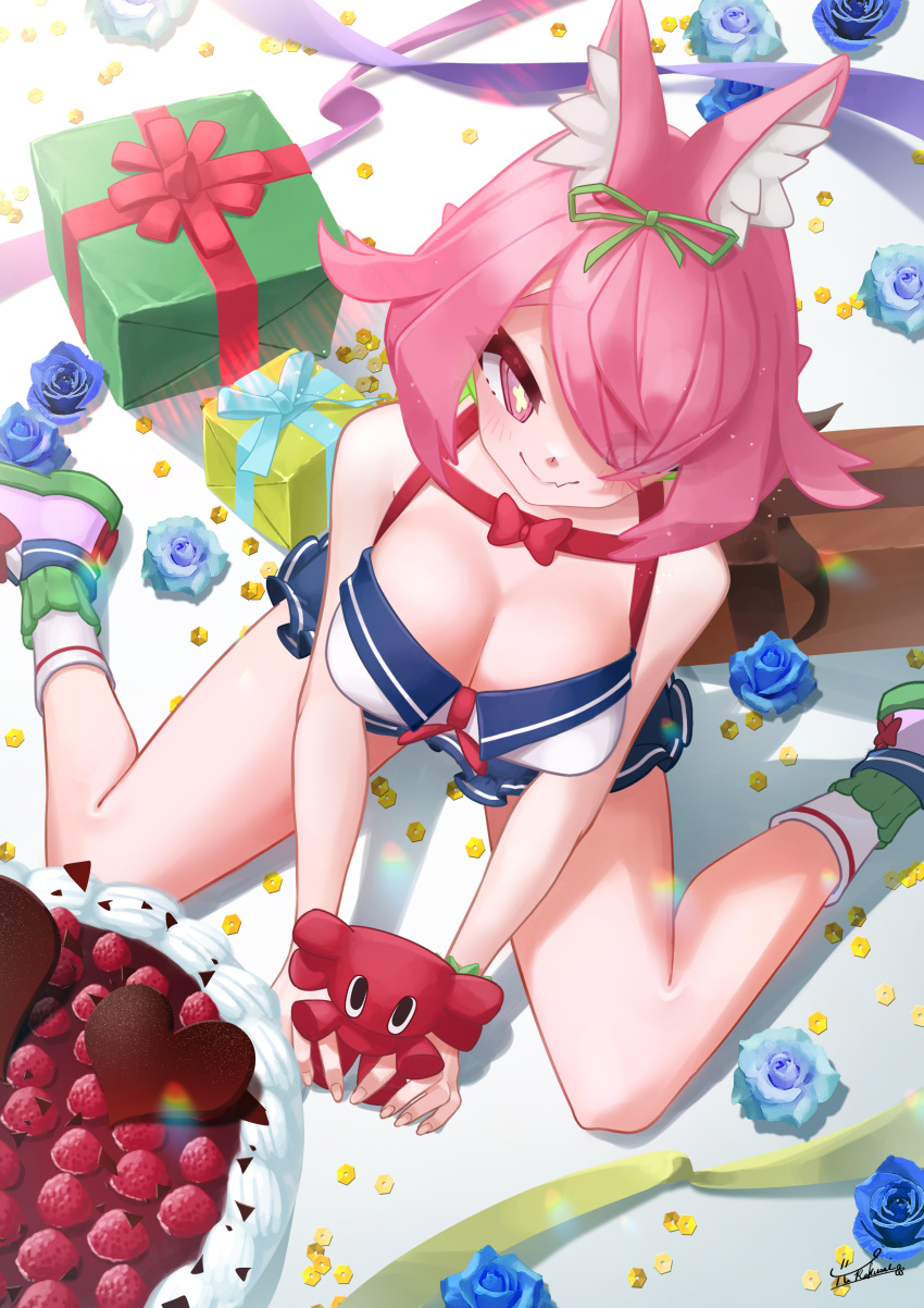 +_+ absurdres animal_ears azuchi_momo azuchi_momo_(1st_costume) birthday blue_flower blue_rose box breasts cake chest_harness cleavage commentary_request female flower food from_above gift gift_box green_ribbons hair_over_one_eye hair_ribbon harness highres large_breasts lobster long_bangs miniskirt nijisanji pink_eyes pink_footwear pink_hair revealing_clothes ribbon rose short_hair skirt smile socks solo stuffed_animal stuffed_toy virtual_youtuber yurakusai