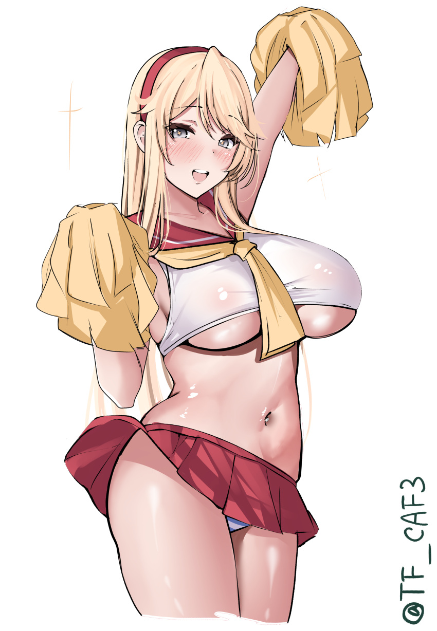 absurdres blonde_hair blue_eyes blush breasts cheering cheerleader cowboy_shot crop_top female hair_between_eyes highres holding holding_pom_poms iowa_(kancolle) kantai_collection large_breasts long_hair looking_at_viewer midriff miniskirt navel open_mouth pleated_skirt pom_pom_(cheerleading) red_skirt skirt smile solo star-shaped_pupils star_(symbol) symbol-shaped_pupils tf_cafe twitter_username