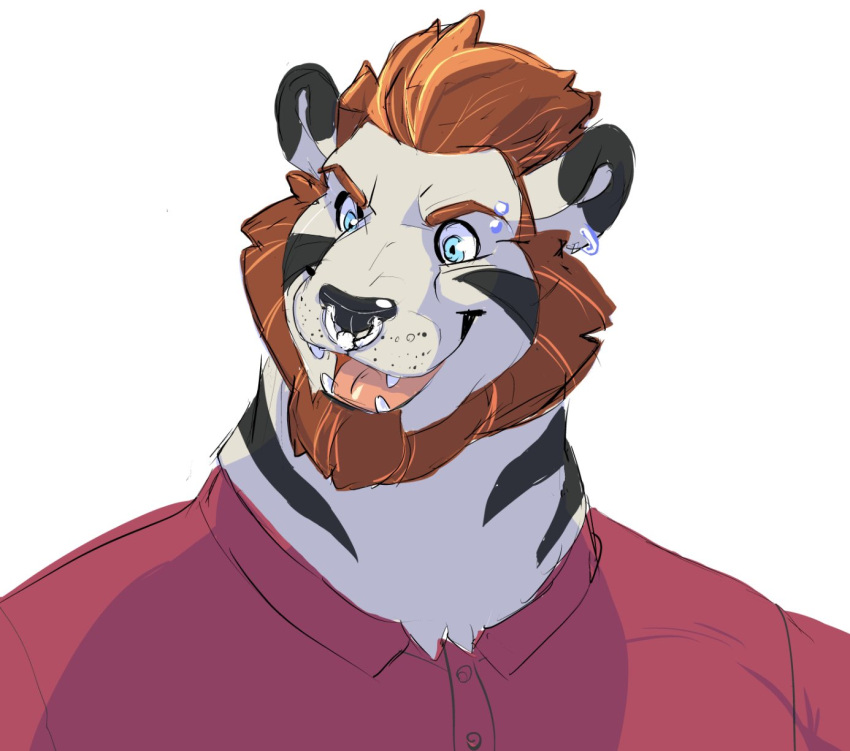 2022 anthro beard biped black_body black_ears black_fur brown_beard brown_facial_hair brown_hair clothed clothing daire301 digital_media_(artwork) ear_piercing ear_ring eyebrow_piercing facial_hair facial_markings facial_piercing felid fur hair head_markings headshot_portrait hi_res male mammal markings multicolored_body multicolored_fur nose_piercing nose_ring open_mouth open_smile pantherine piercing portrait red_dress_shirt ring_piercing simple_background smile solo striped_body striped_face striped_fur striped_neck stripes teeth tiger two_tone_body two_tone_fur vex_(donryu) white_background white_body white_fur