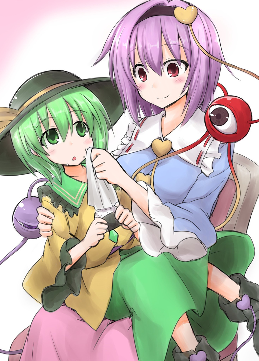 2girls black_hairband black_hat blue_shirt blush breasts closed_mouth commentary_request eyeball food frilled_shirt_collar frilled_sleeves frills green_eyes green_hair green_skirt hairband handkerchief hat hat_ribbon heart highres karu0000 komeiji_koishi komeiji_satori long_sleeves looking_at_another medium_breasts multiple_girls onigiri pink_skirt purple_hair red_eyes ribbon shirt siblings sisters sitting skirt smile third_eye touhou wide_sleeves wiping_mouth yellow_ribbon yellow_shirt